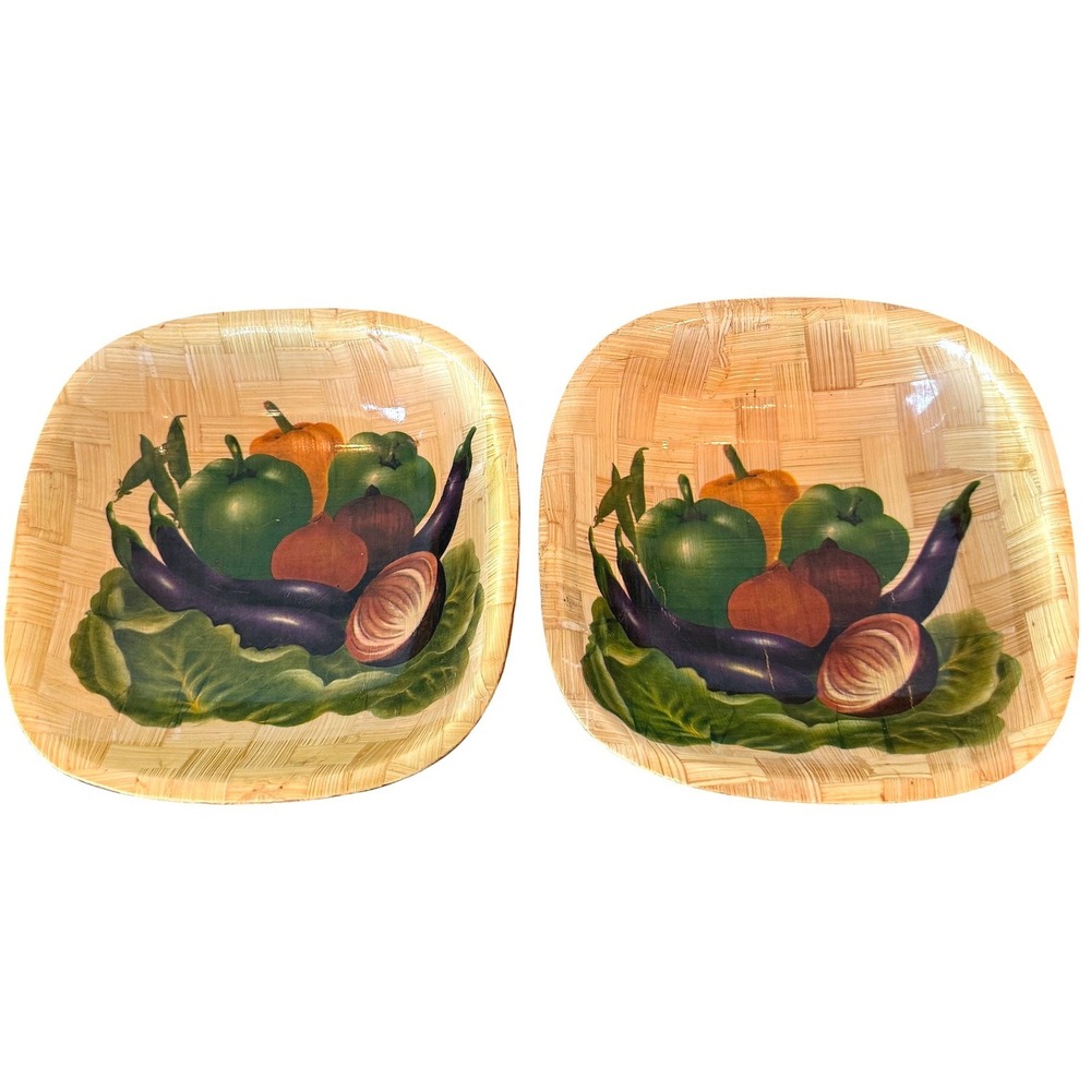 Vintage PAIR of Bamboo‎ Woven Handpainted Vegetable Peppers Bowls 6" Square